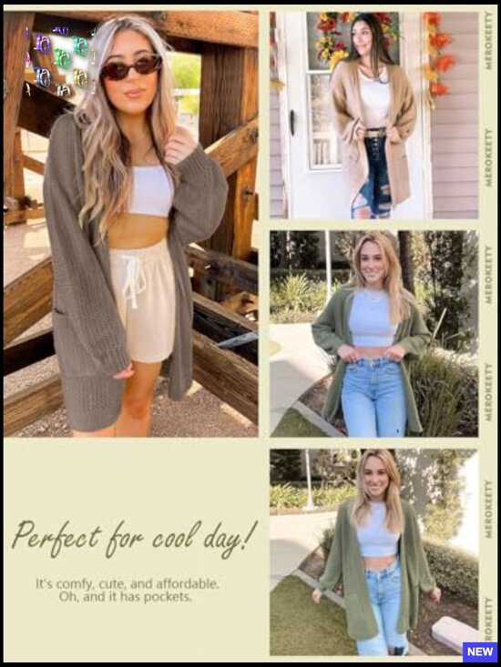 Oversized Chunky Knit Cardigan Open Front Lantern Sleeve Cozy Sweater - Picture 5 of 7